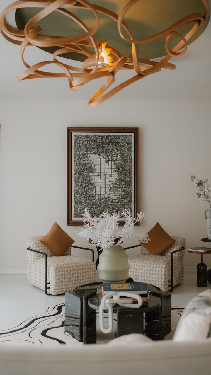 The finished lounge beneath the carved Raka light