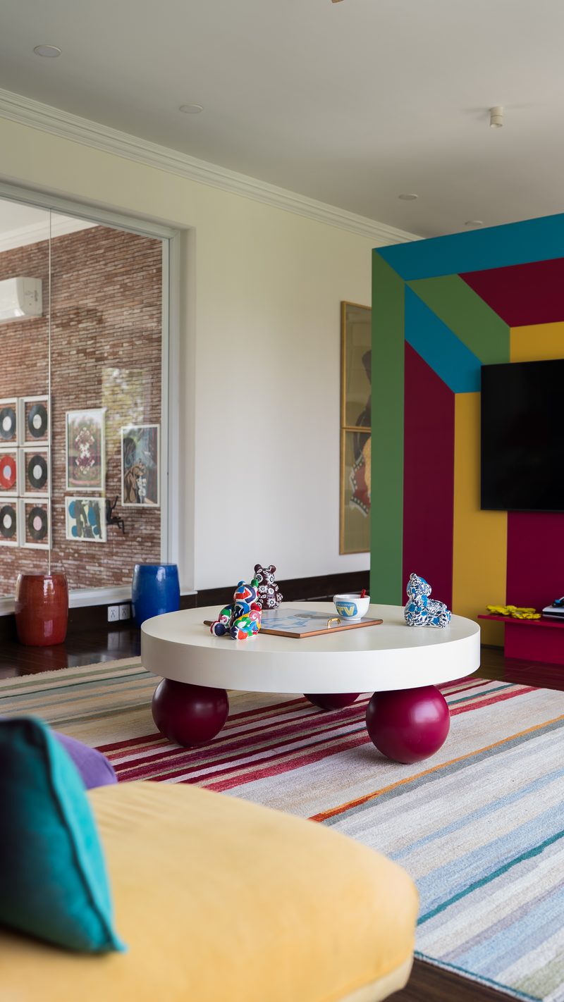 Colour-blocked wall in teal, magenta and yellow beside a round white table on red sphere legs