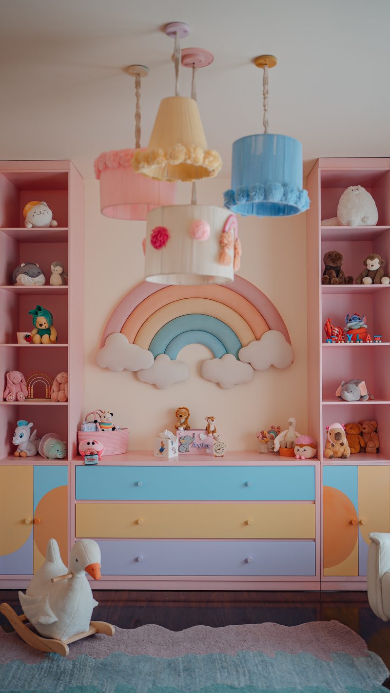 Pastel nursery with a padded rainbow, colour-blocked drawers and pompom pendant shades